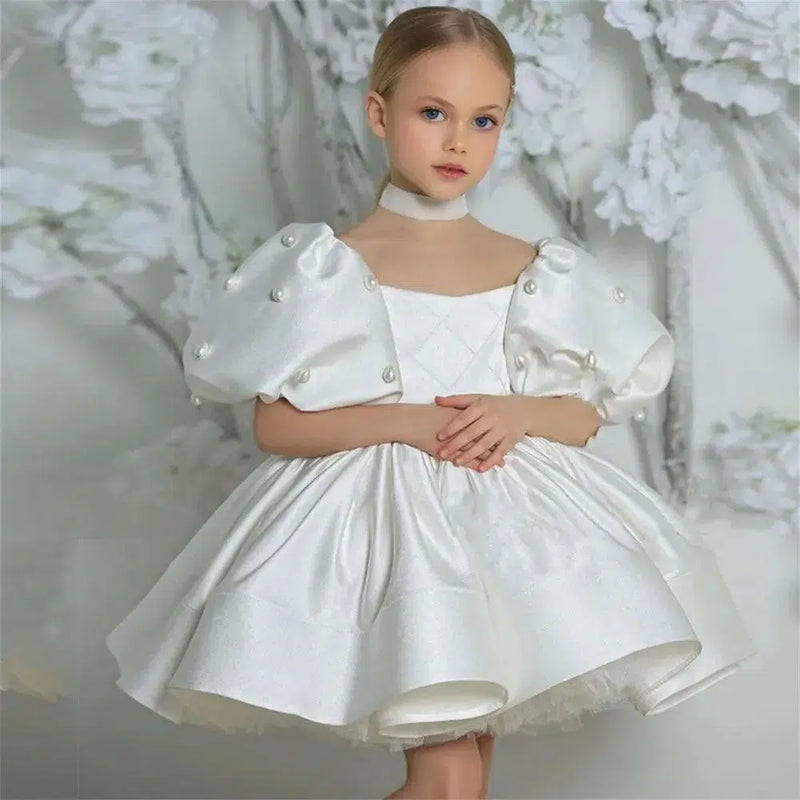 White pearl princess flower girl dress for weddings