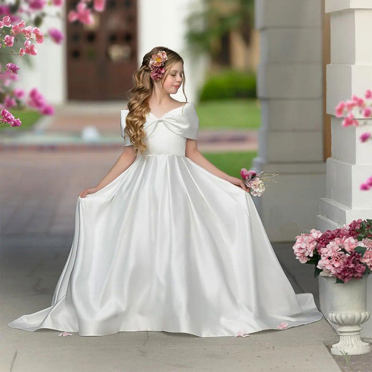 White satin floor length flower girl dress for weddings and first communion