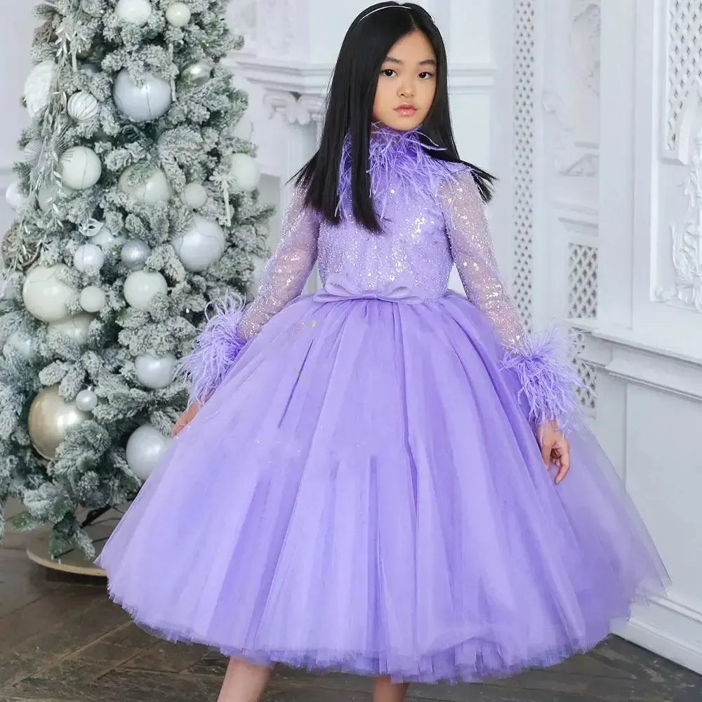 Lilac long sleeve flower girl dress with feather details and full special occasion skirt