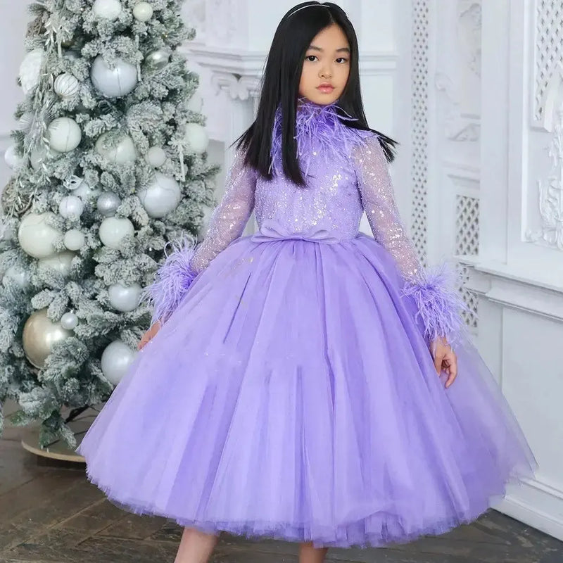 Lilac long sleeve flower girl dress with feather details and full special occasion skirt