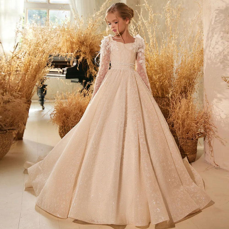 Ivory lace flower girl dress for cool-weather weddings