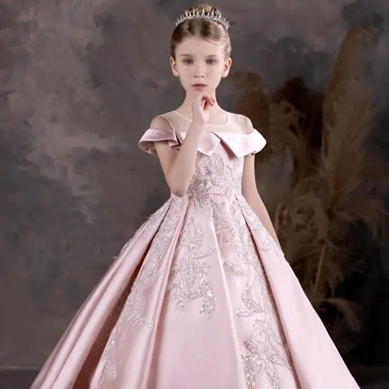 Pink flower girl dress with sequined appliques and a full skirt for formal weddings
