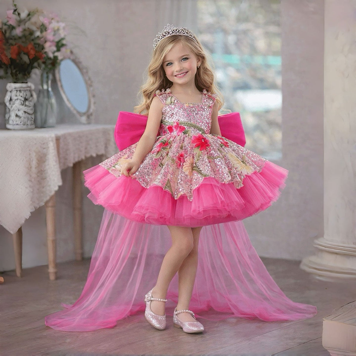 Princess flower girl dress with floral tulle train for wedding and birthday rewear