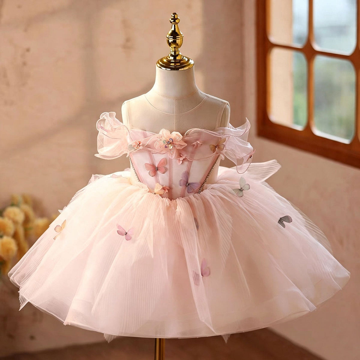 Pink butterfly tulle flower girl dress for weddings and birthday-party rewear