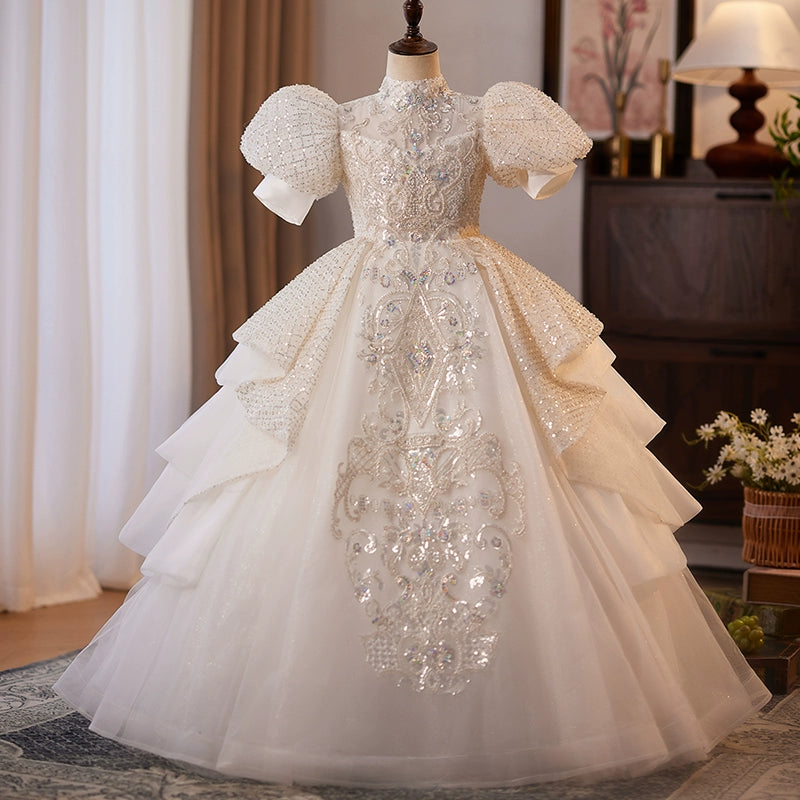 White Glitter Tulle Flower Girl Ball Gown with Bow C302