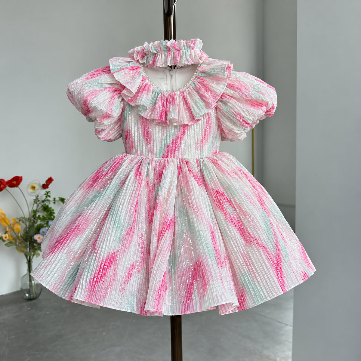 Pink Flower Girl Dress for Princess Kids 1st  Birthday Party Knee Length Gown J767