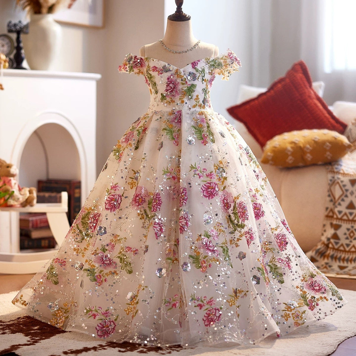 White Glitter Tulle Flower Girl Ball Gown with Bow C301