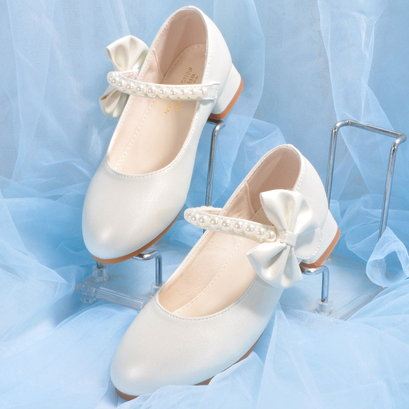 Girls White Pearl Bow Shoes Mary Jane Flats for Wedding Flower Girl Party