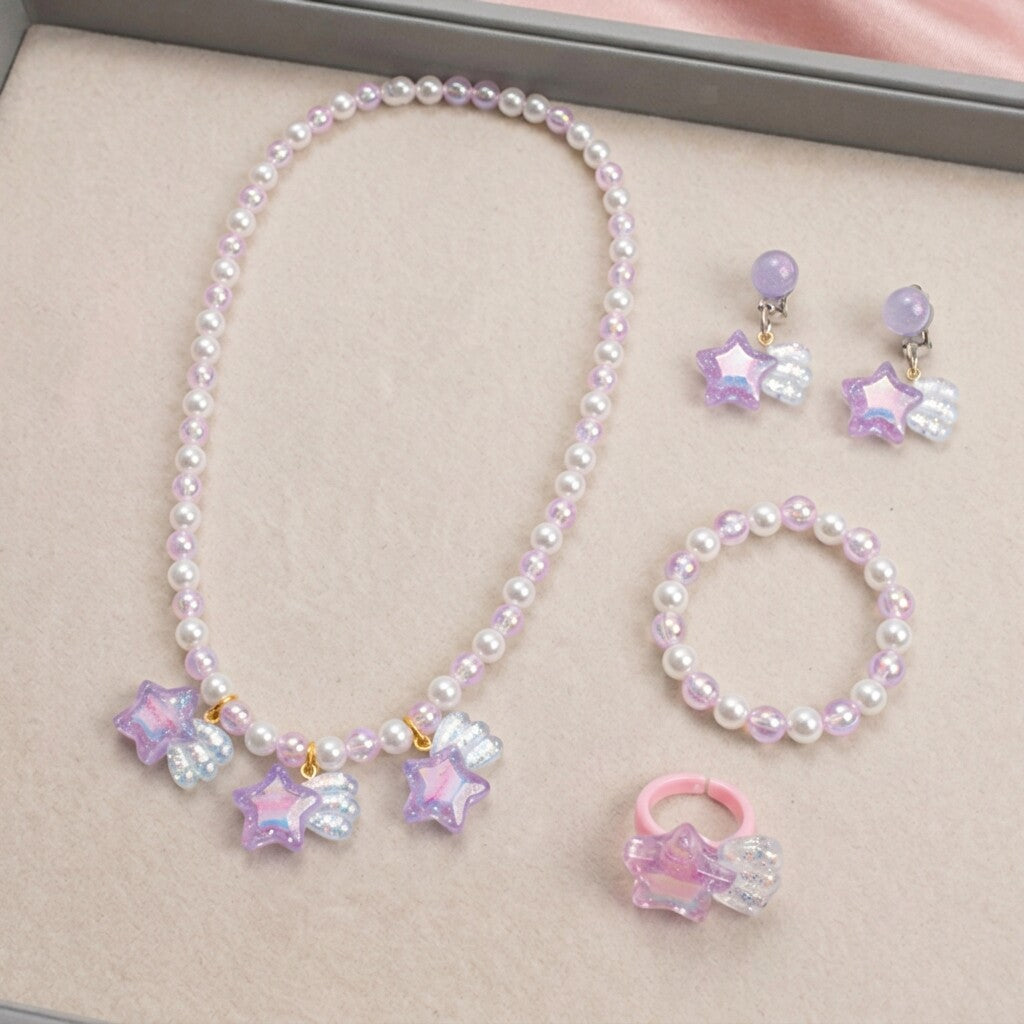 Princess Star Pearl Necklace Bracelet Ring Set Toddler Jewelry Gift for Girls