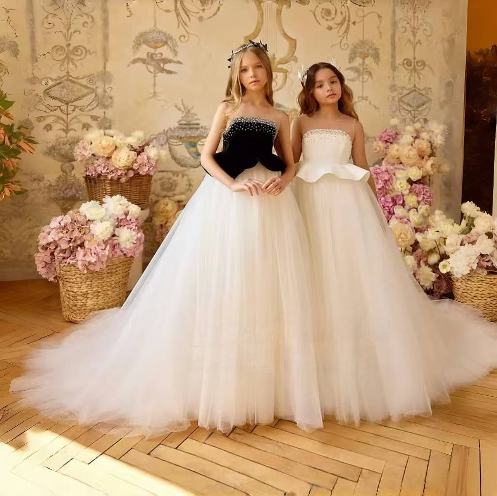 Luxury White Black Flower Girl Dress with Beaded Bodice and Tulle Skirt J388
