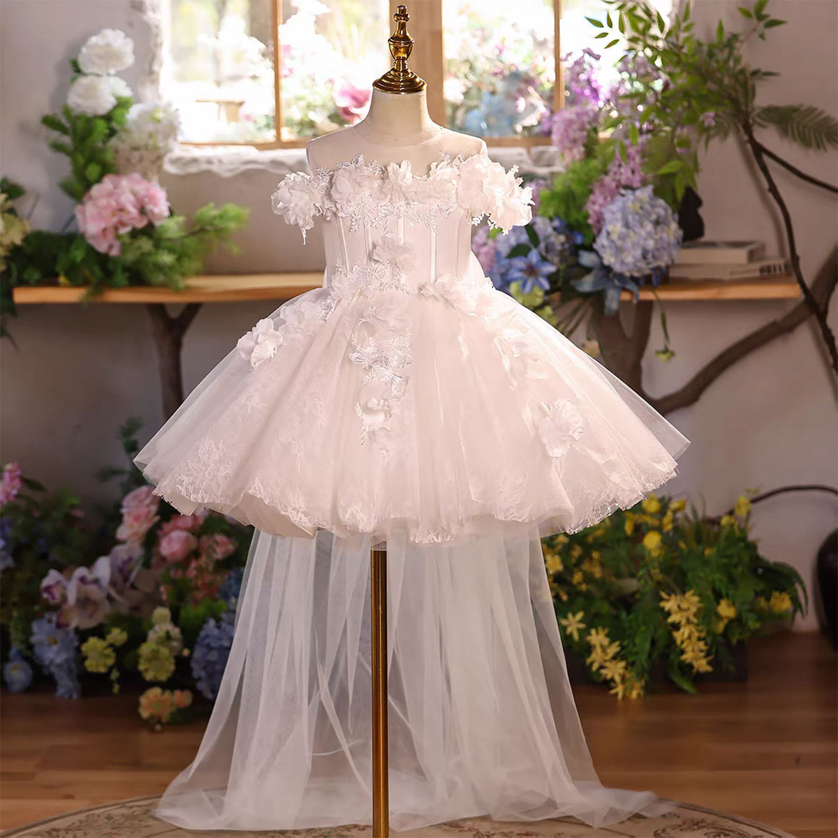 White Flower Girl Dress for Girls Off-Shoulder 3D Floral Tulle Dress for Wedding J903