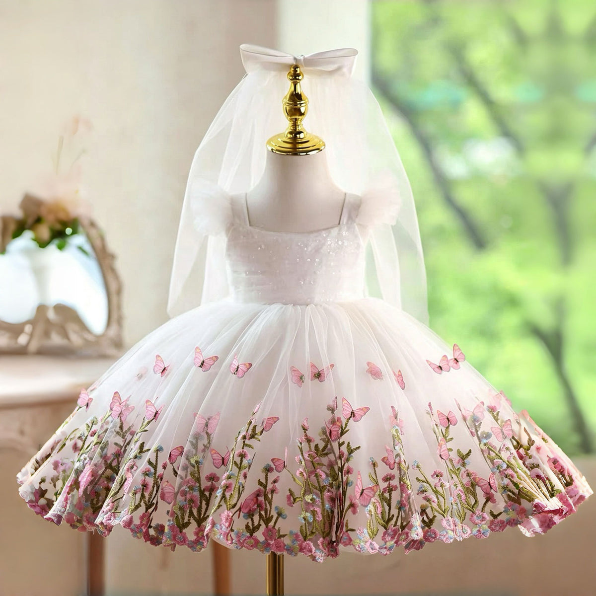White Pink Flower Girl Dress for Girls Sequin Bodice Tulle Dress for Wedding D277