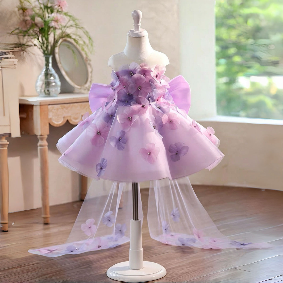Lilac Flower Girl Dress for Girls 3D Organza Flower Tulle Dress for Party J901