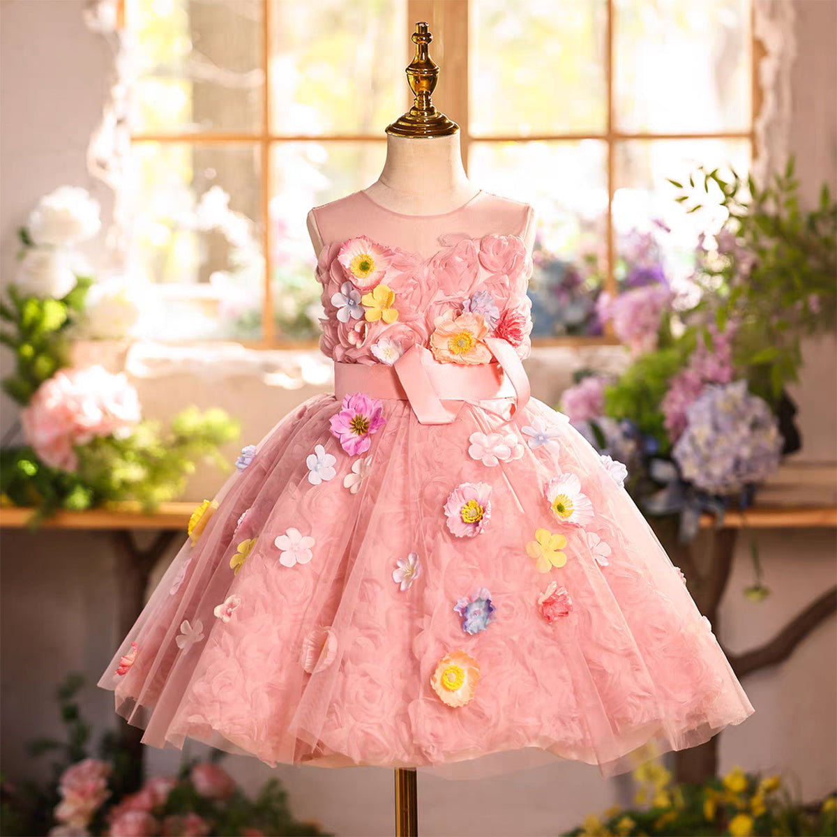 Pink Flower Girl Dress for Girls 3D Floral Tulle Party Dress for Birthday Wedding J890
