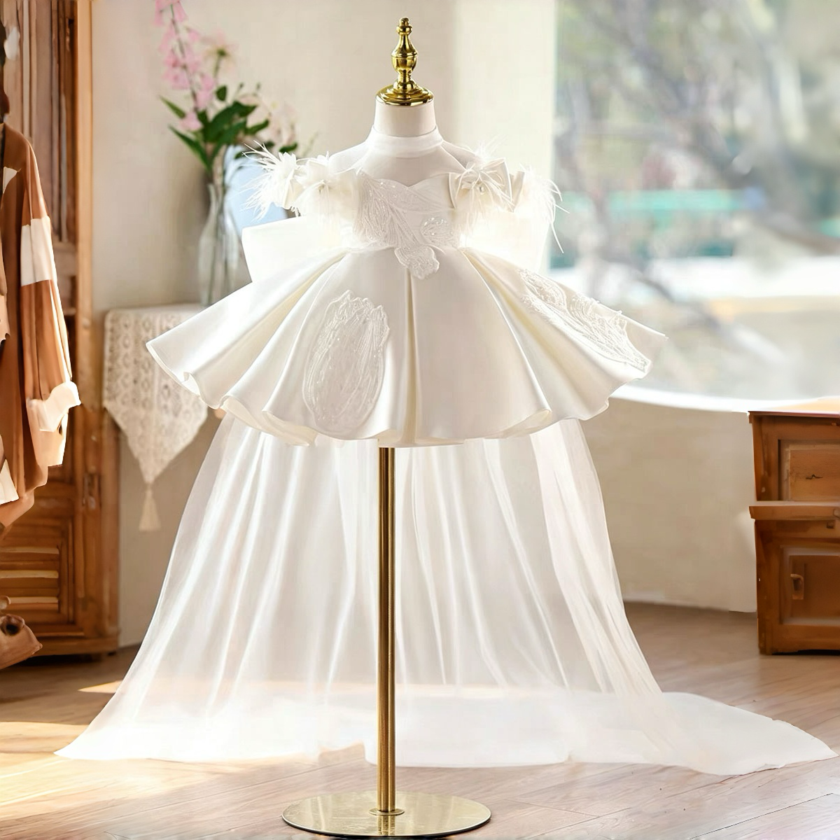White Flower Girl Dress for Girls Feather Sleeve Satin Ball Gown for Wedding J893