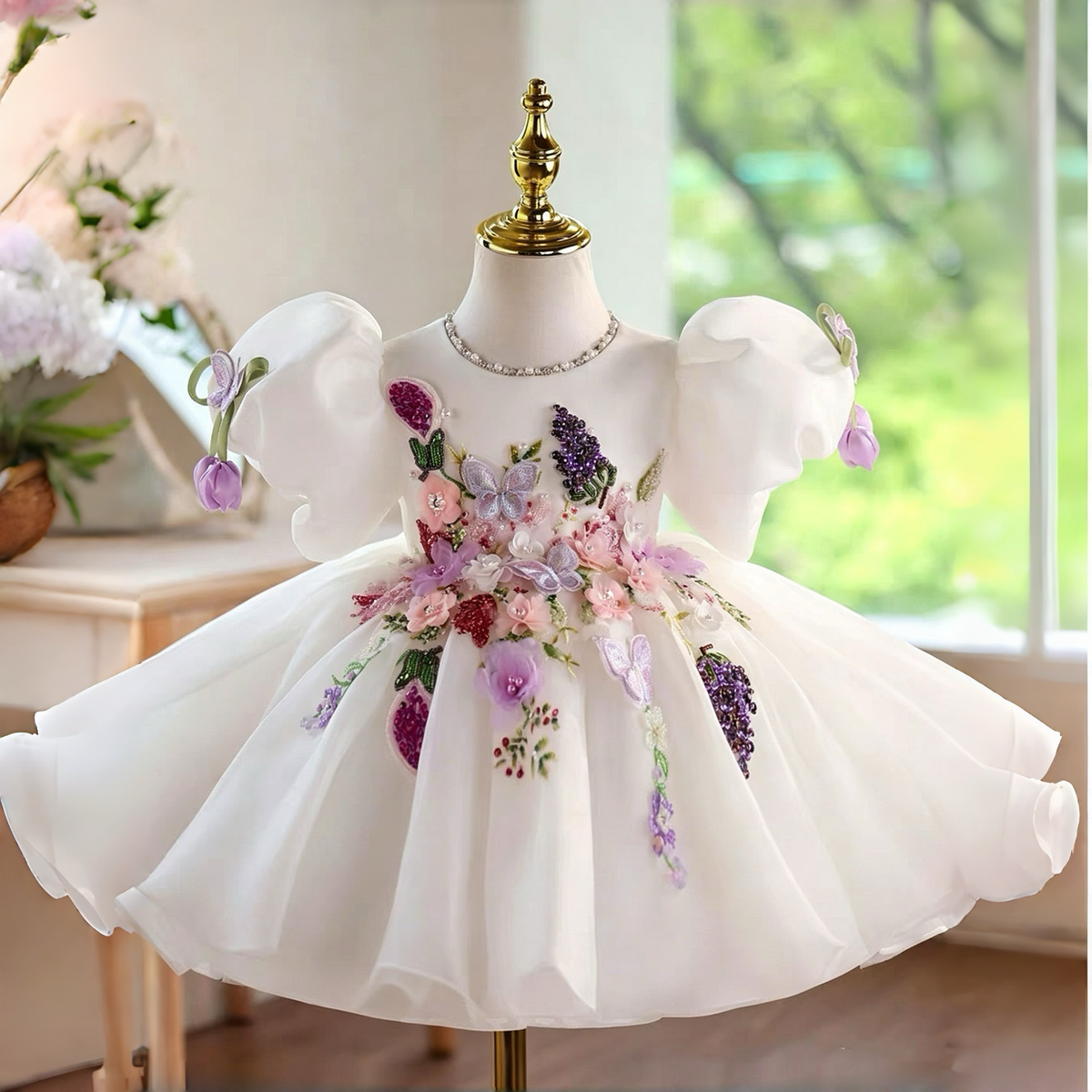 White Flower Girl Dress for Girls Tulle Ball Gown for Spring Wedding J897