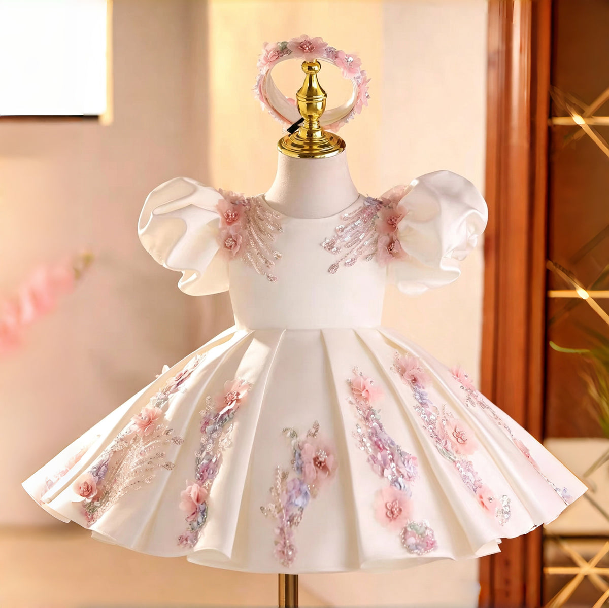White Flower Girl Dress for Girls Satin Puff Sleeve Ball Gown for Wedding J892