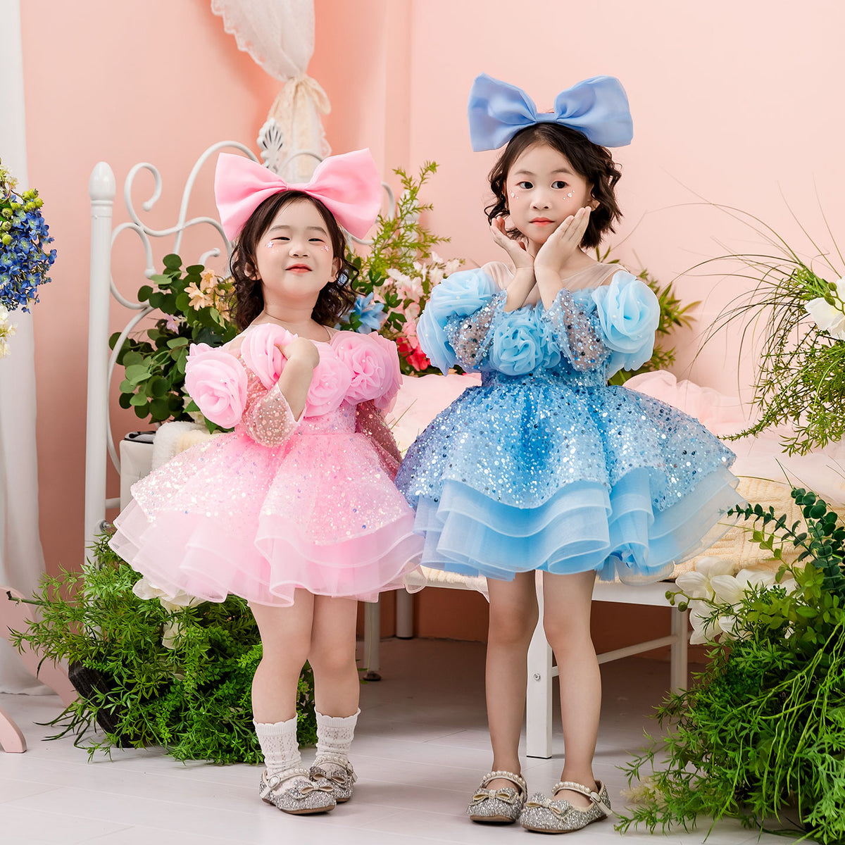 Pink Elegant Handmade Flowers Sequin Girl Dress D099