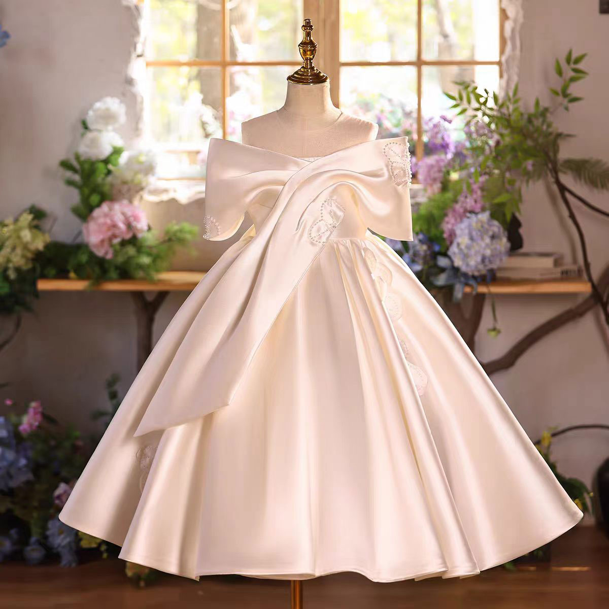 Off White Flower Girl Dress for Girls Satin Ball Gown with Oversized Bow for Wedding D339