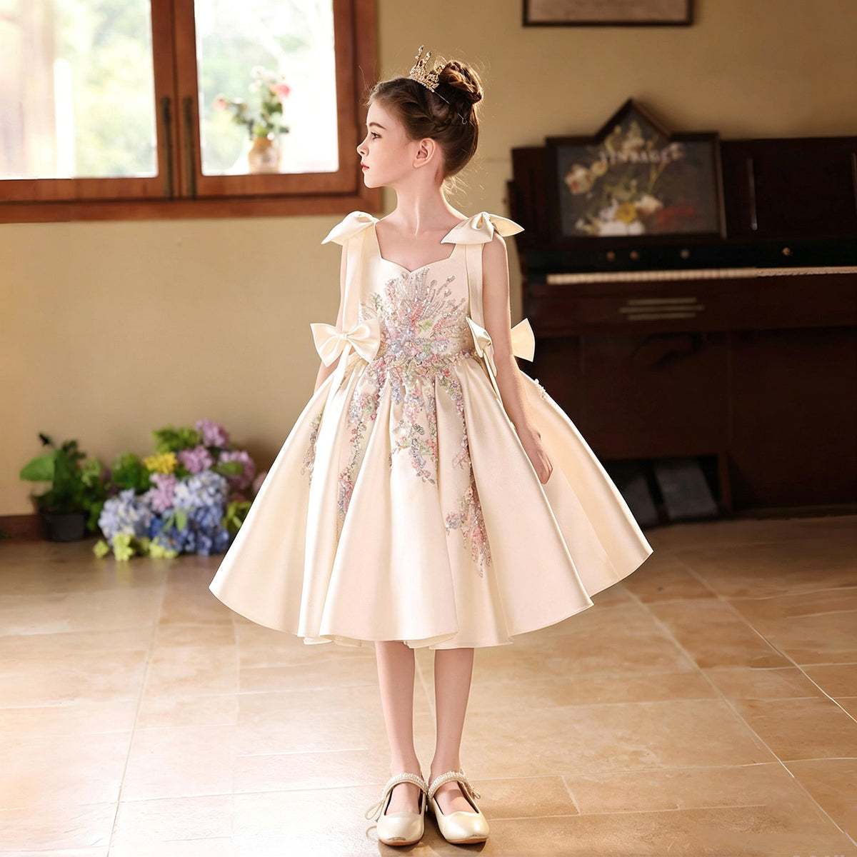 Off White Flower Girl Dress for Girls Satin Bow Knot Ball Gown for Wedding J469