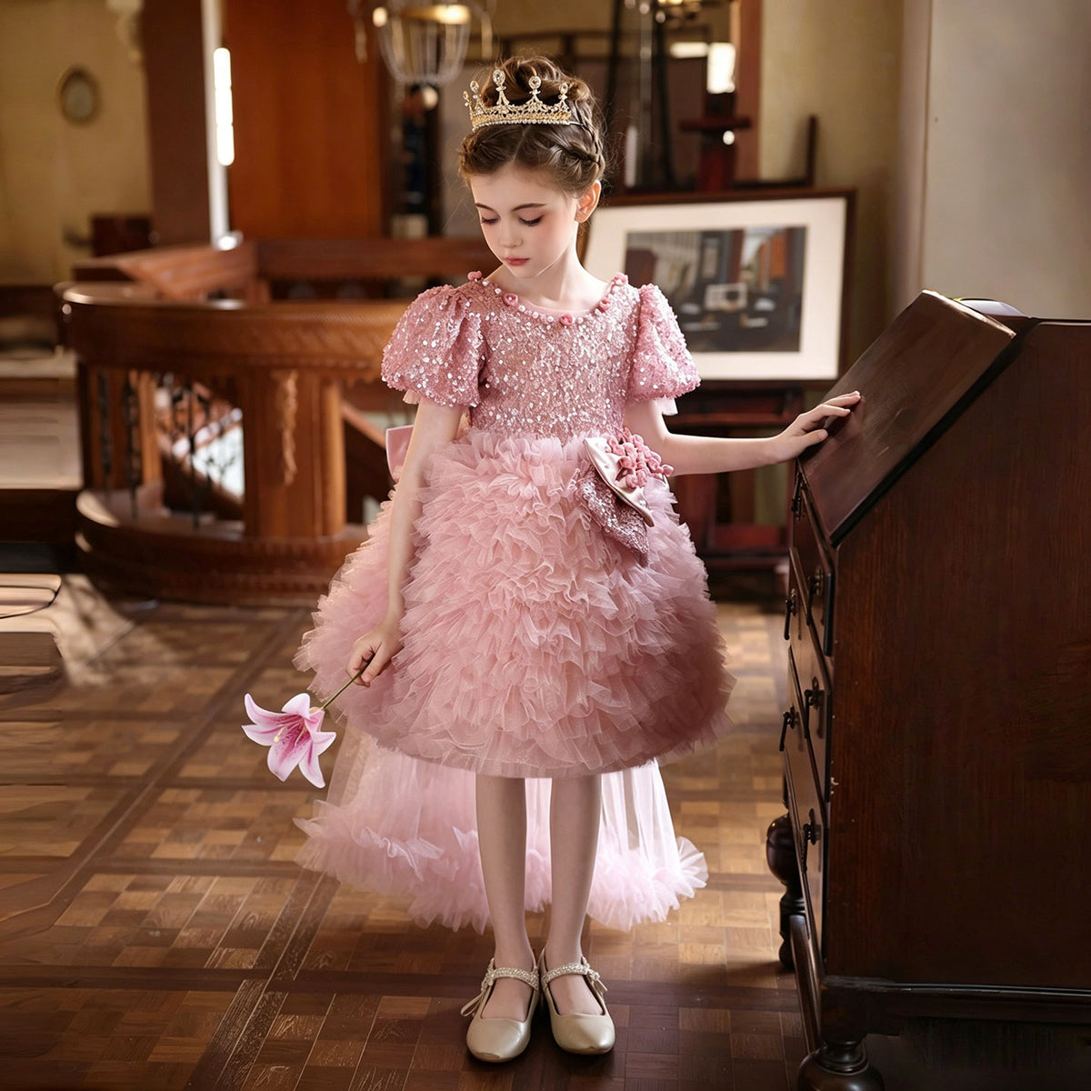 Pink Flower Girl Dress for Girls Sequin Bodice Ruffle Tulle Party Dress for Wedding J433