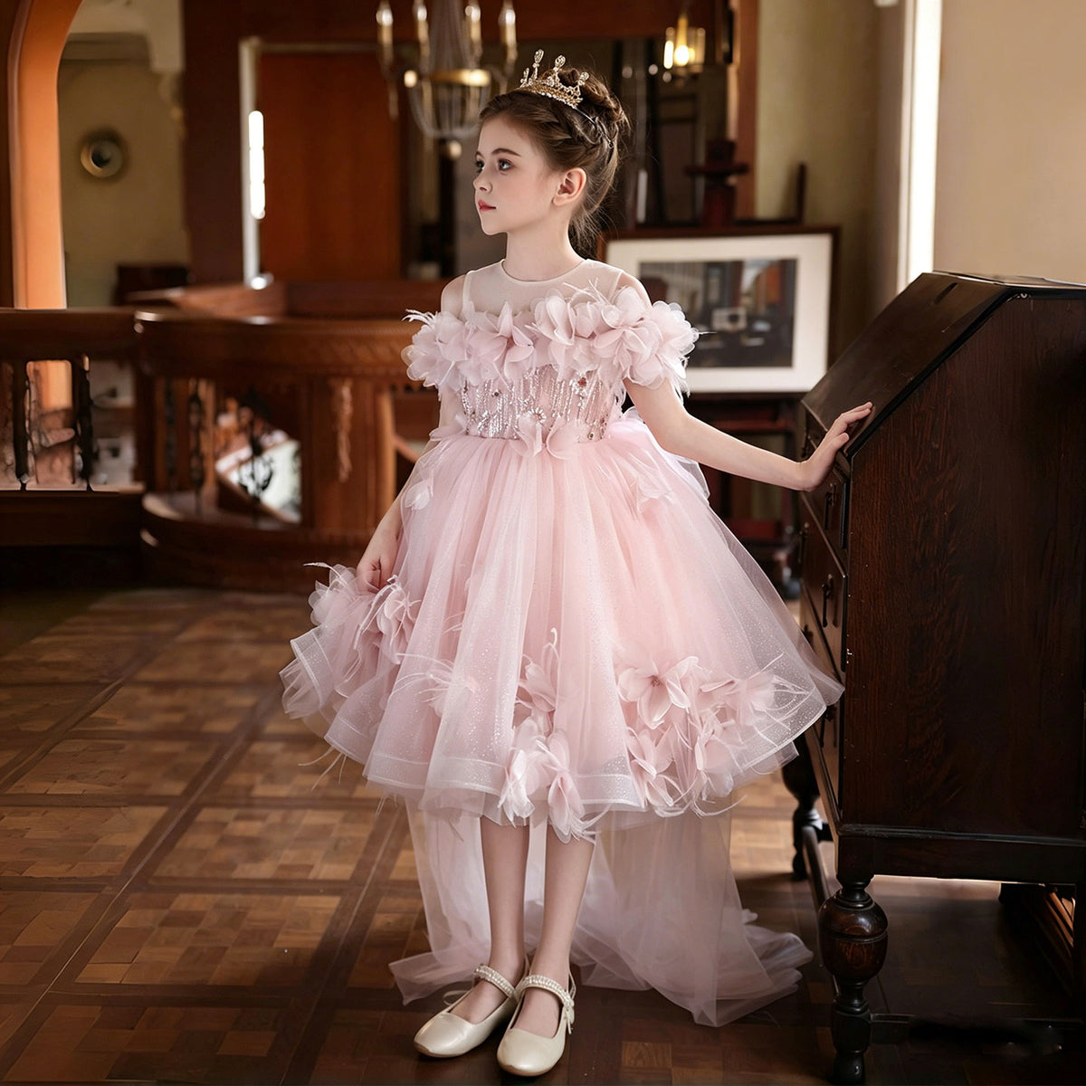 Stunning Flower Girl Dress for Girls 3D Floral Tulle Dress for Birthday J516