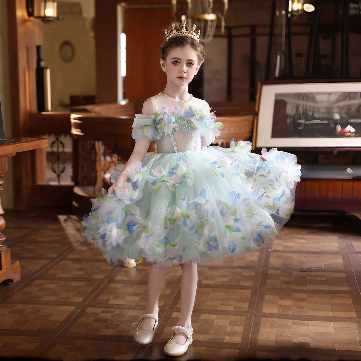 Turquoise Flower Girl Dress for Girls Off-Shoulder Floral Tulle Gown for Party J528
