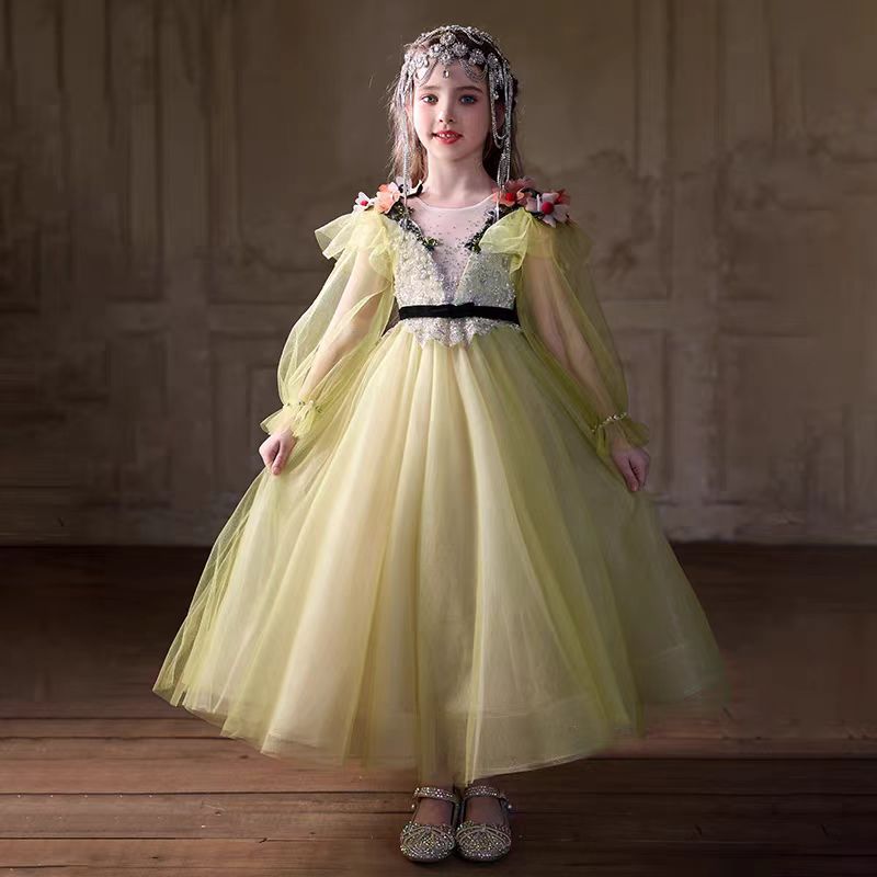 Jill Sage Green Beaded Applique Tulle Flower Girl Dress J270