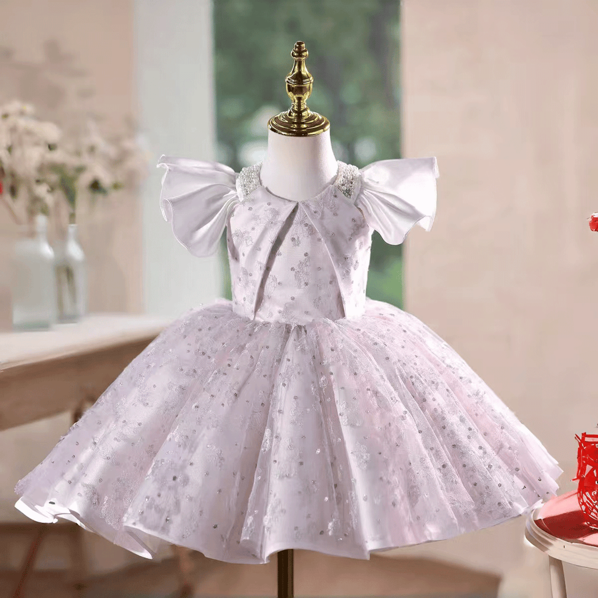 Girls' Lavender Tulle Party Dress with Big Bow Sleeves & Beaded Shoulders D245