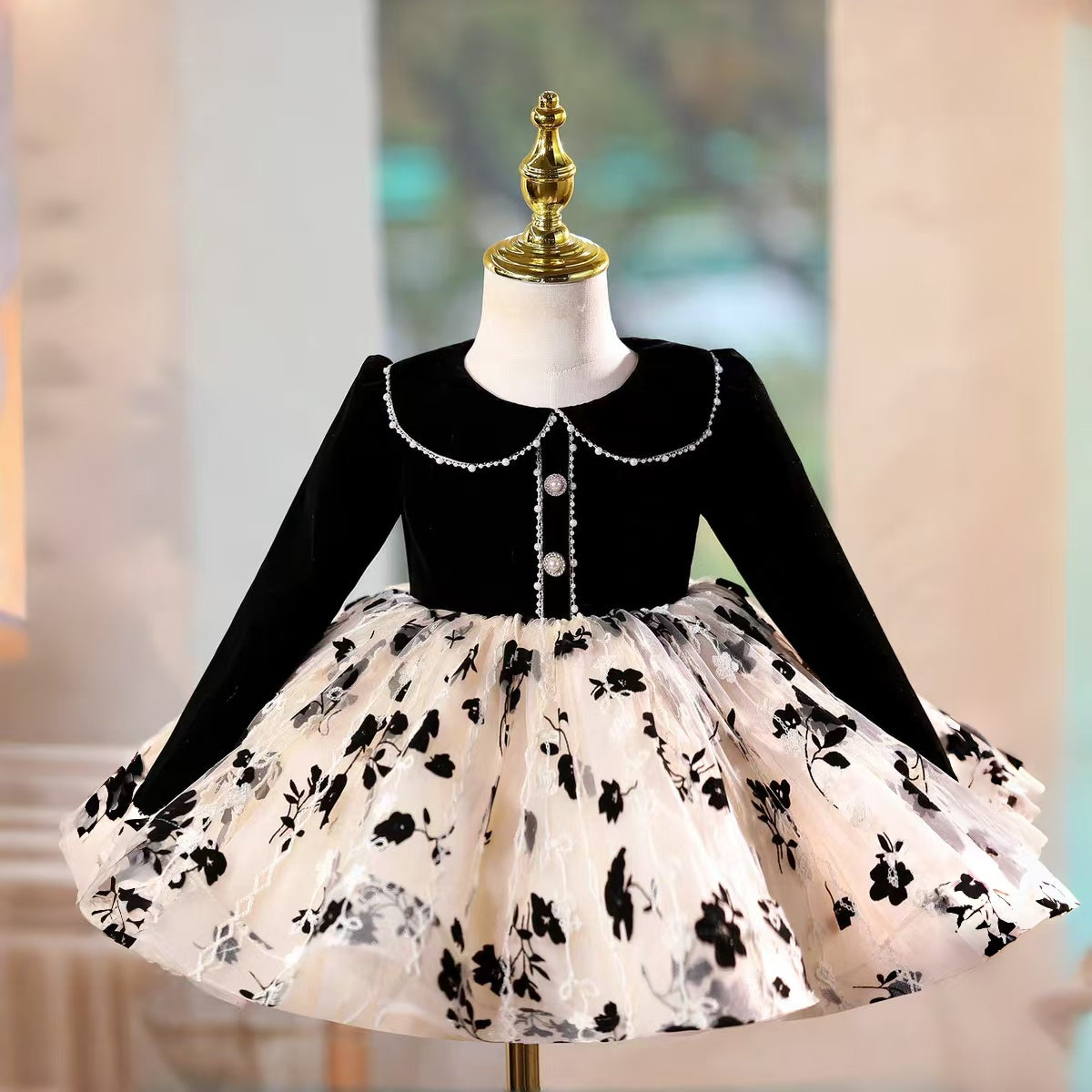 Black Long Sleeve Girl Dress Knee Length Birthday Wedding Party Gown D163