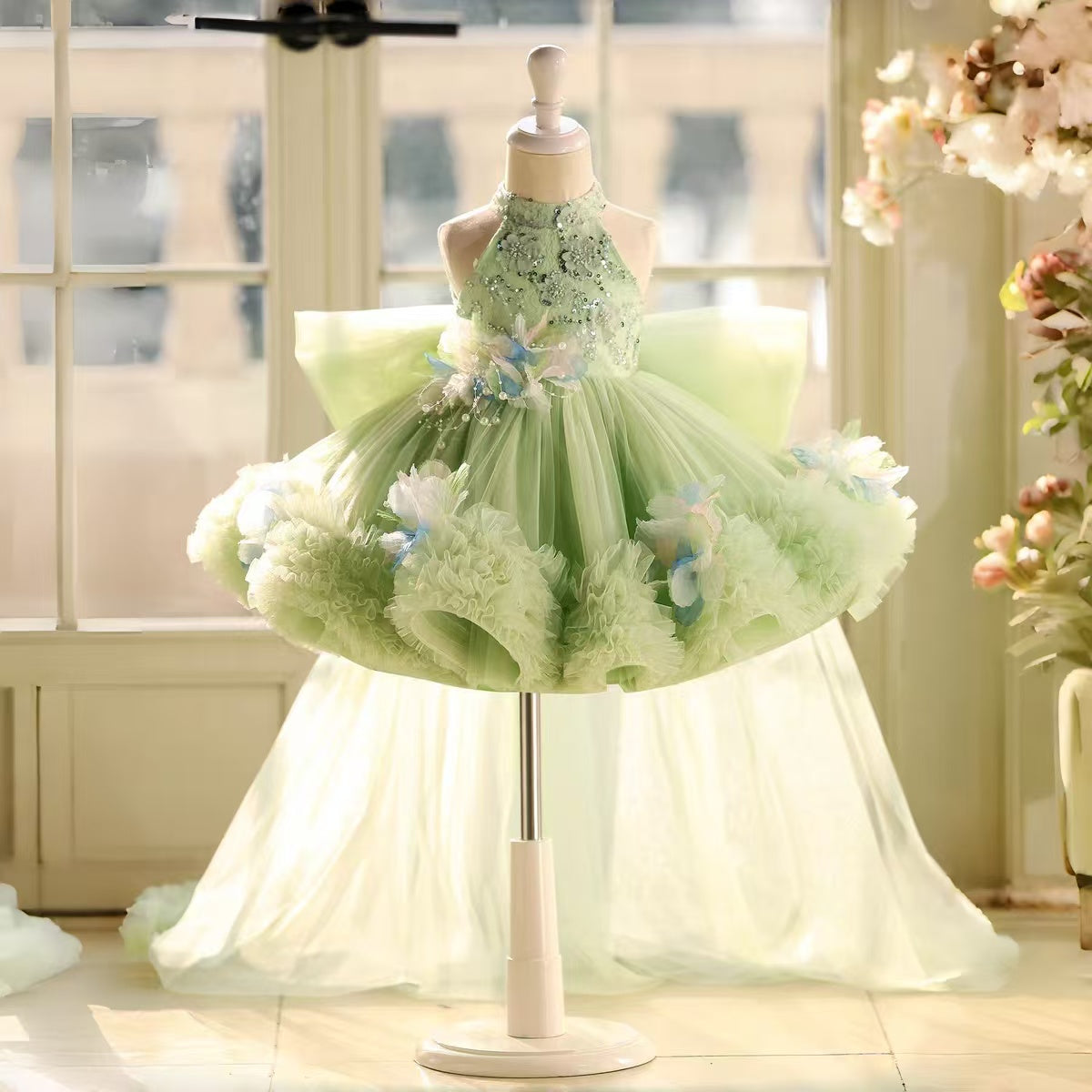 Mint Green Halter Gown with Sequins & 3D Flowers - Girls' Pageant Dress J873B