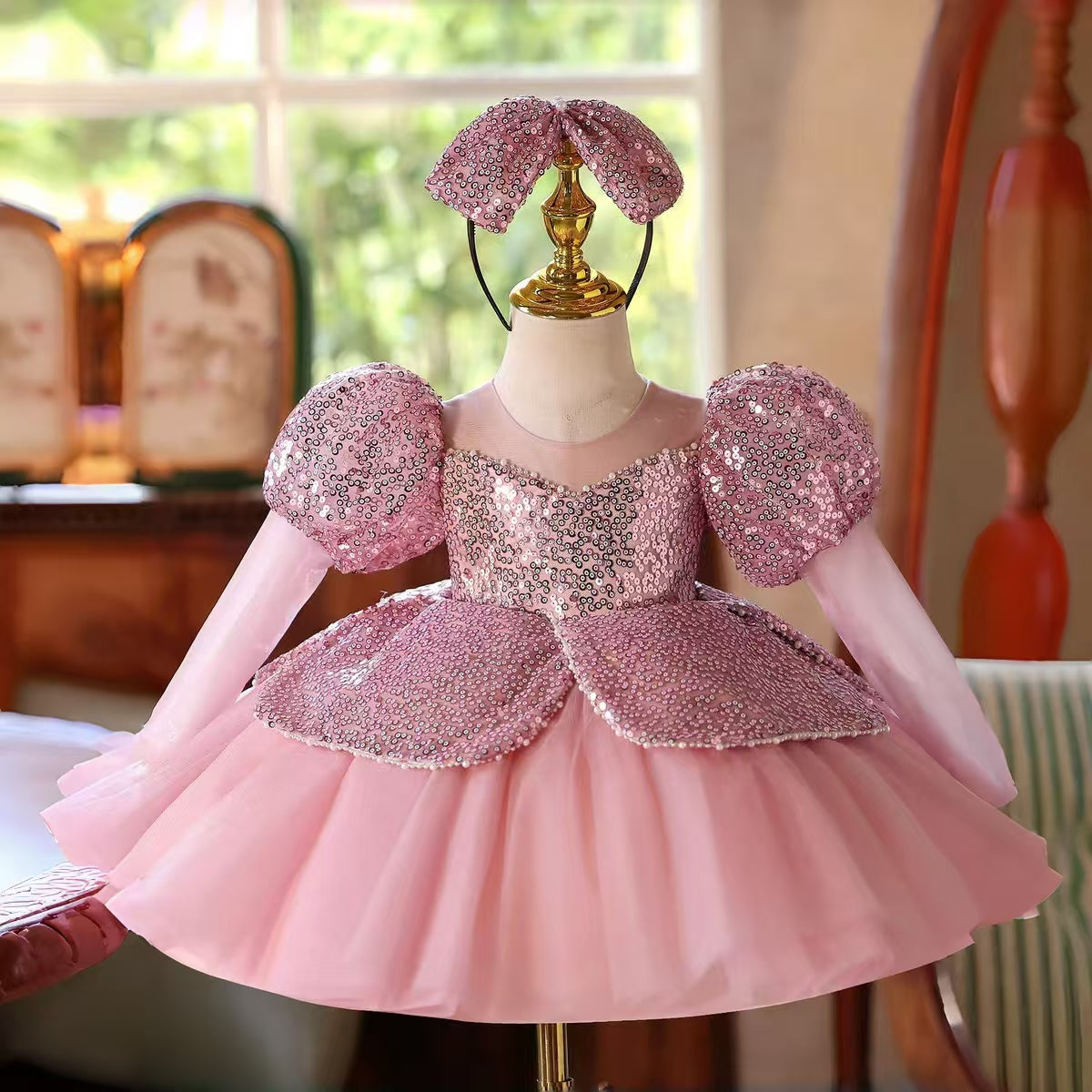 Pink Girl Dress Long Sleeve Princess Birthday Party Gown D180