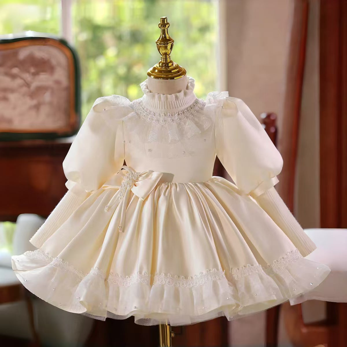 Ivory Girl Dress Knee Length Half Sleeve Princess Birthday Gown D033