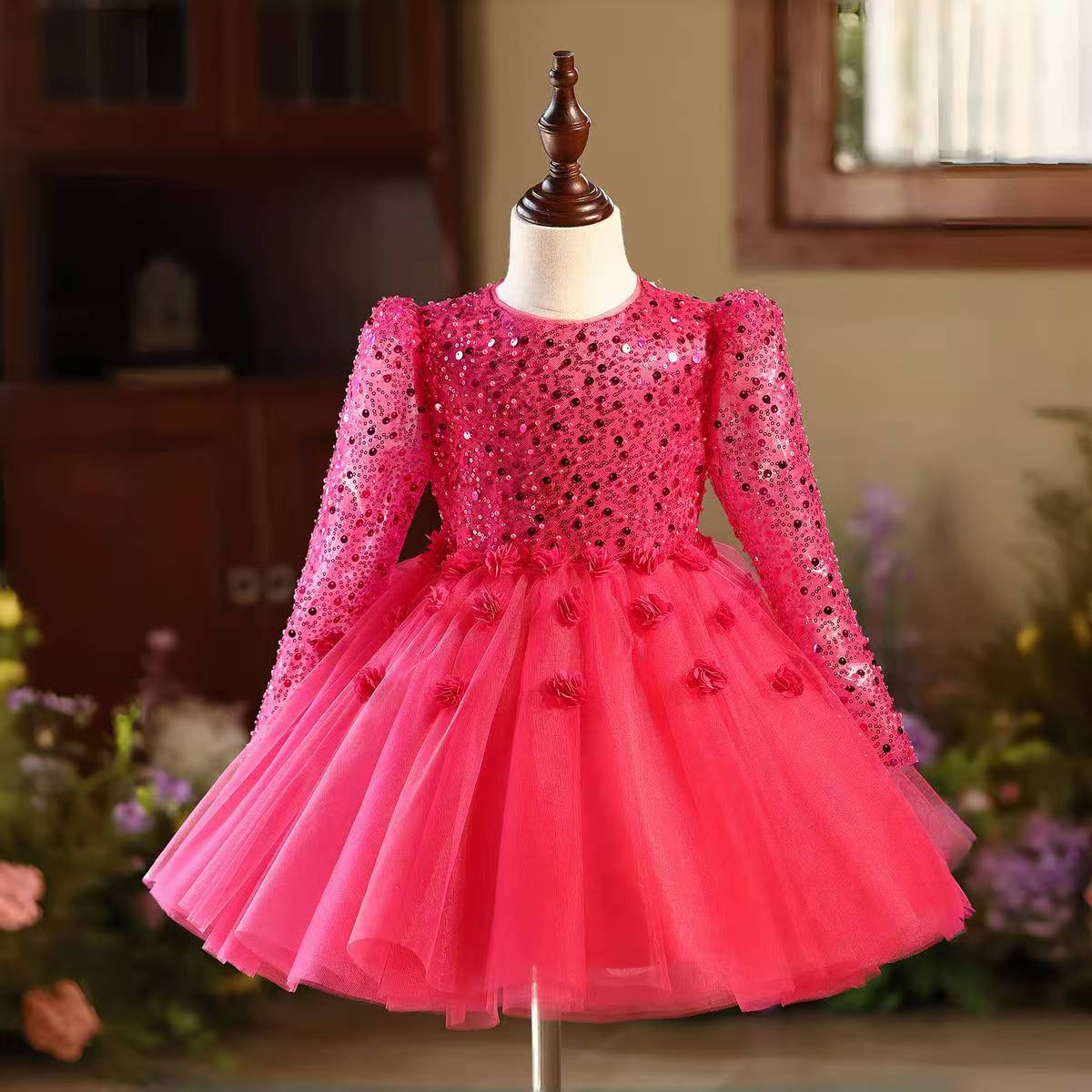 Long Sleeve Princess Girl Dress Kids Wedding Birthday Party Gown D167