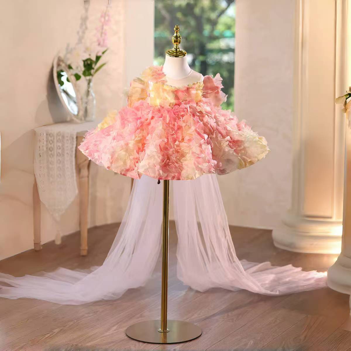 Luxury Coral Princess Girl Dress Kids Wedding Birthday Party Gown J590