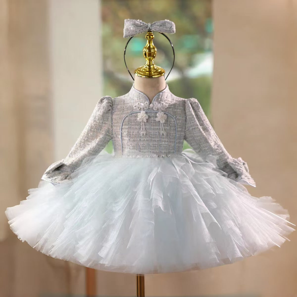 Blue Elegant Flower Girl Dress Long Sleeve Princess Birthday Gown J727