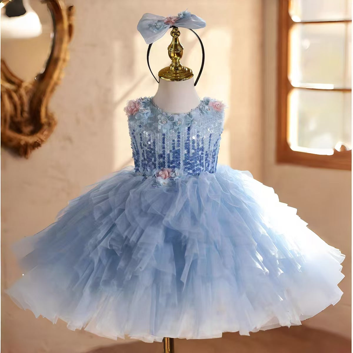 Luxury Blue Girl Dress Beaded Flowers Princess Birthday Gown J839