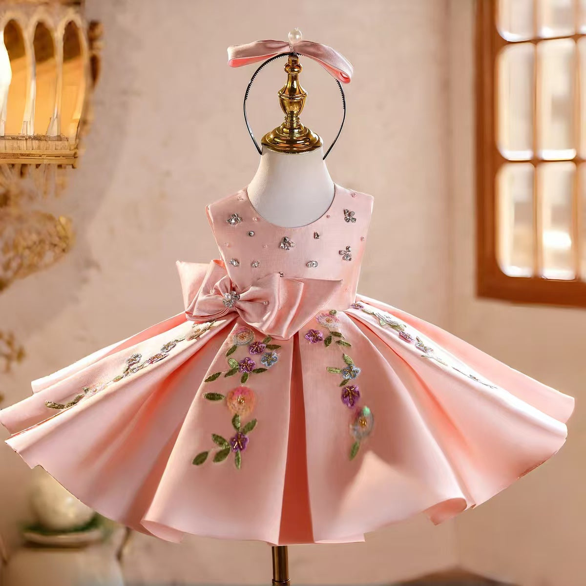 Luxury Pink Girl Dress Satin Flowers Princess Birthday Gown J843