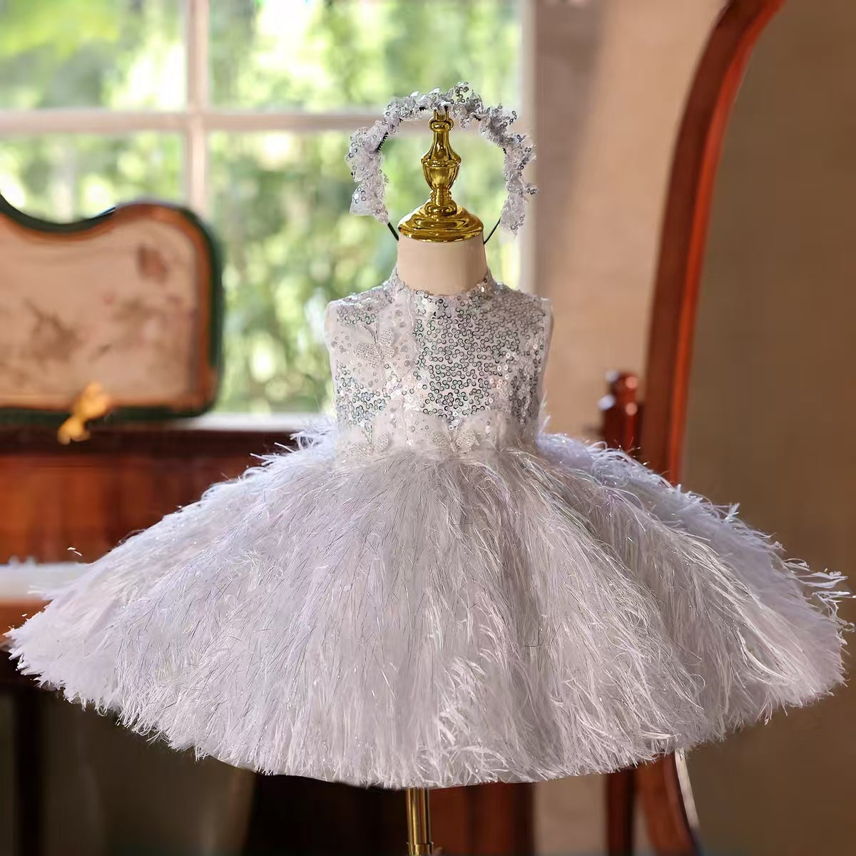 Silver Girl Dress Feathers Princess Birthday Party Gown D186