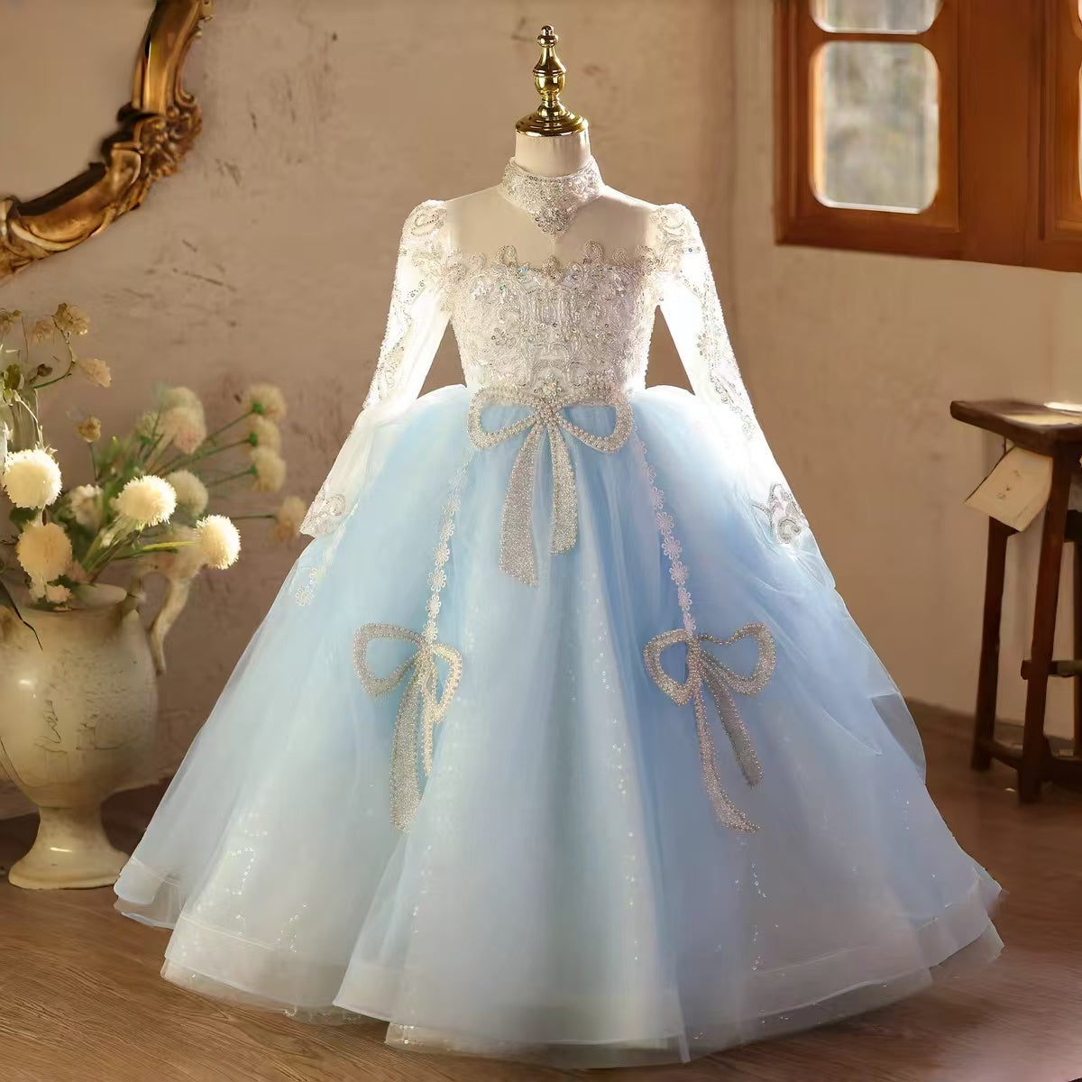 Flower Girl Dress Long Sleeve Birthday Pageant Party Gown in BLue D211