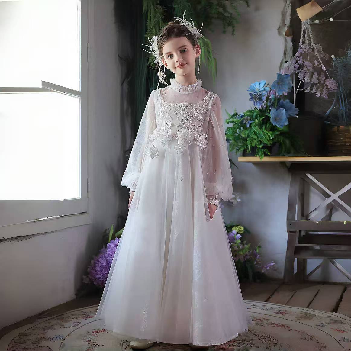 Princess Girl Dress Kids Long Sleeve Birthday Party Pageant Gown J089