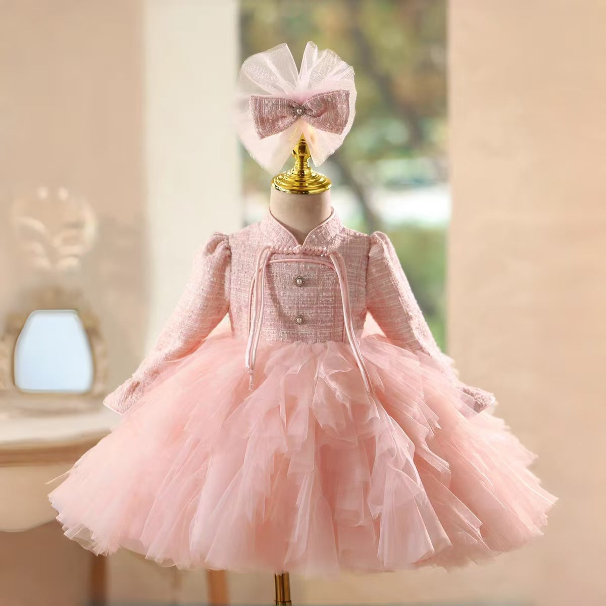Pink Girl Dress Long Sleeve Knee Length Princess Birthday Gown D209