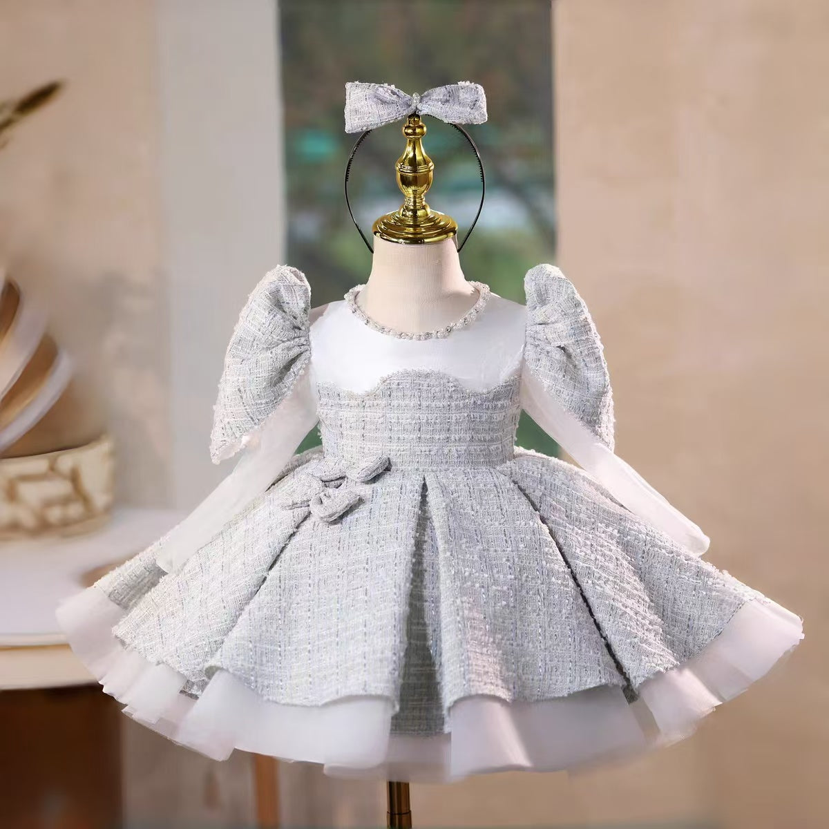 Long Sleeve Girl Dress Knee Length Princess Birthday Wedding Party Gown D208