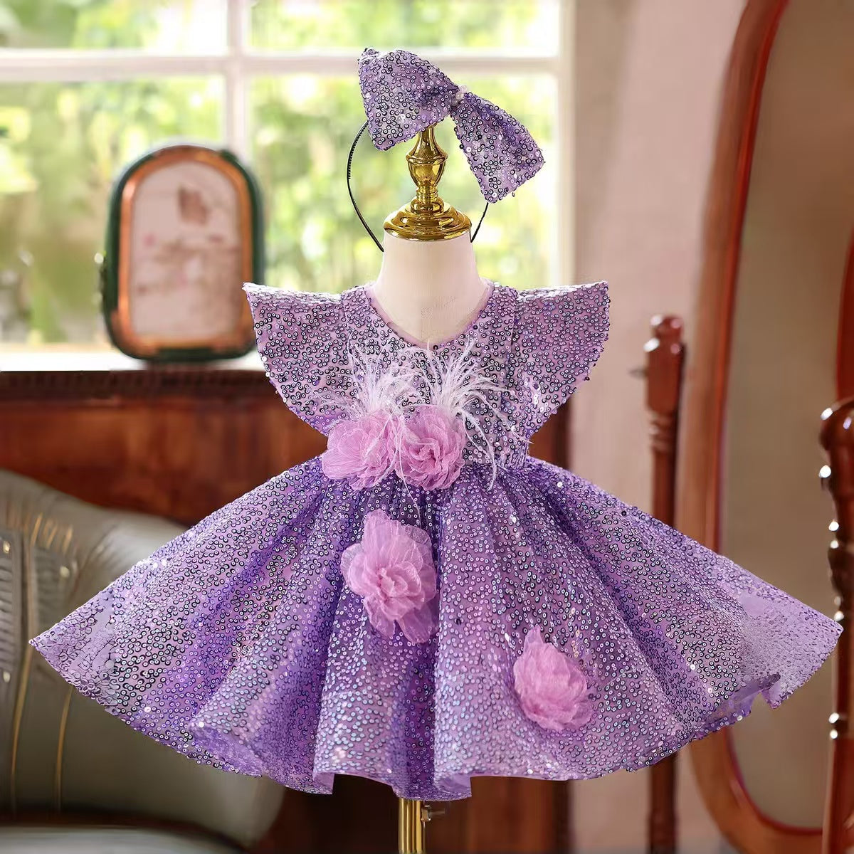 Shiny Purple Girl Dress Knee Length Kids Princess Birthday Party Gown J598