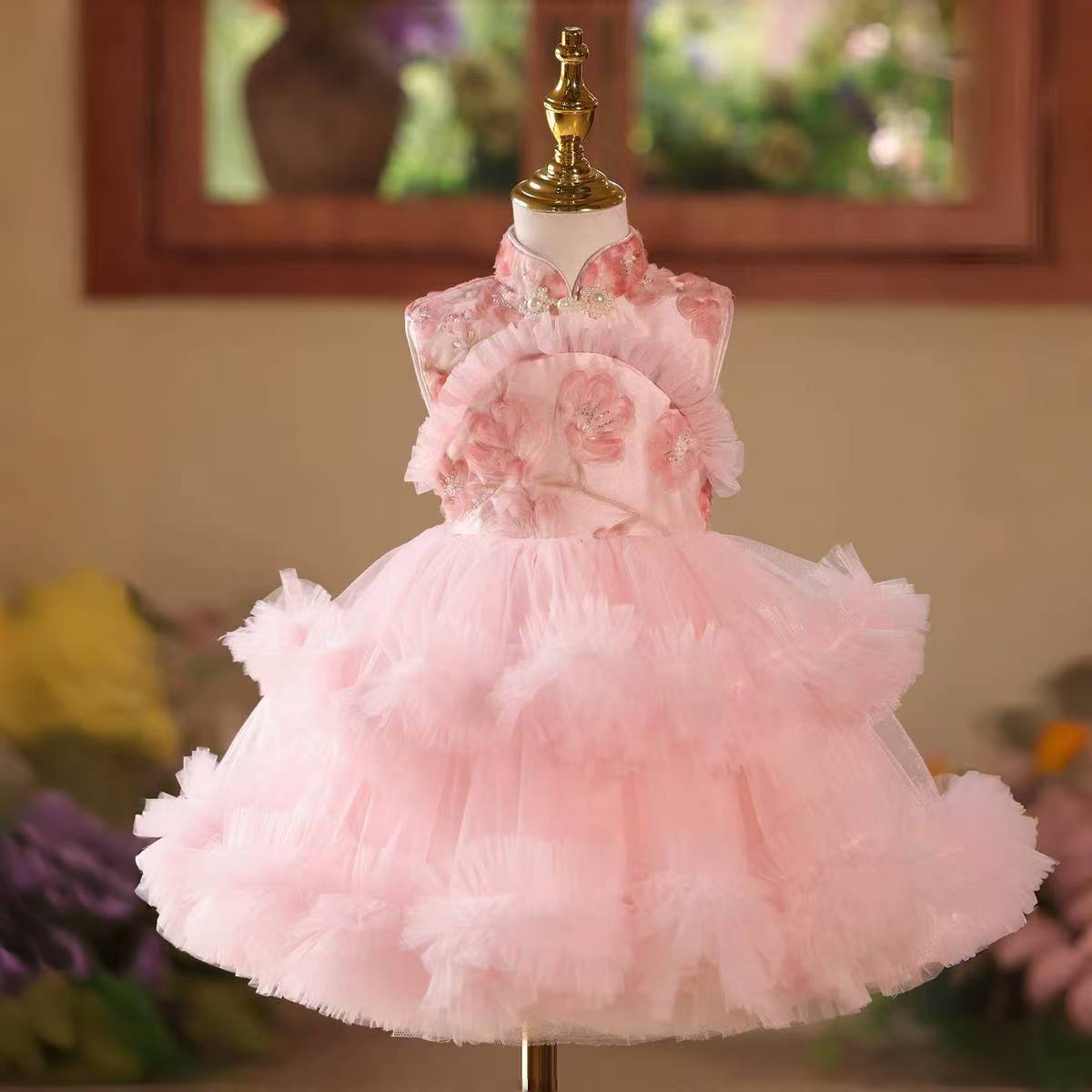 Pink Girl Dress Knee Length Princess Birthday Party Gown D179