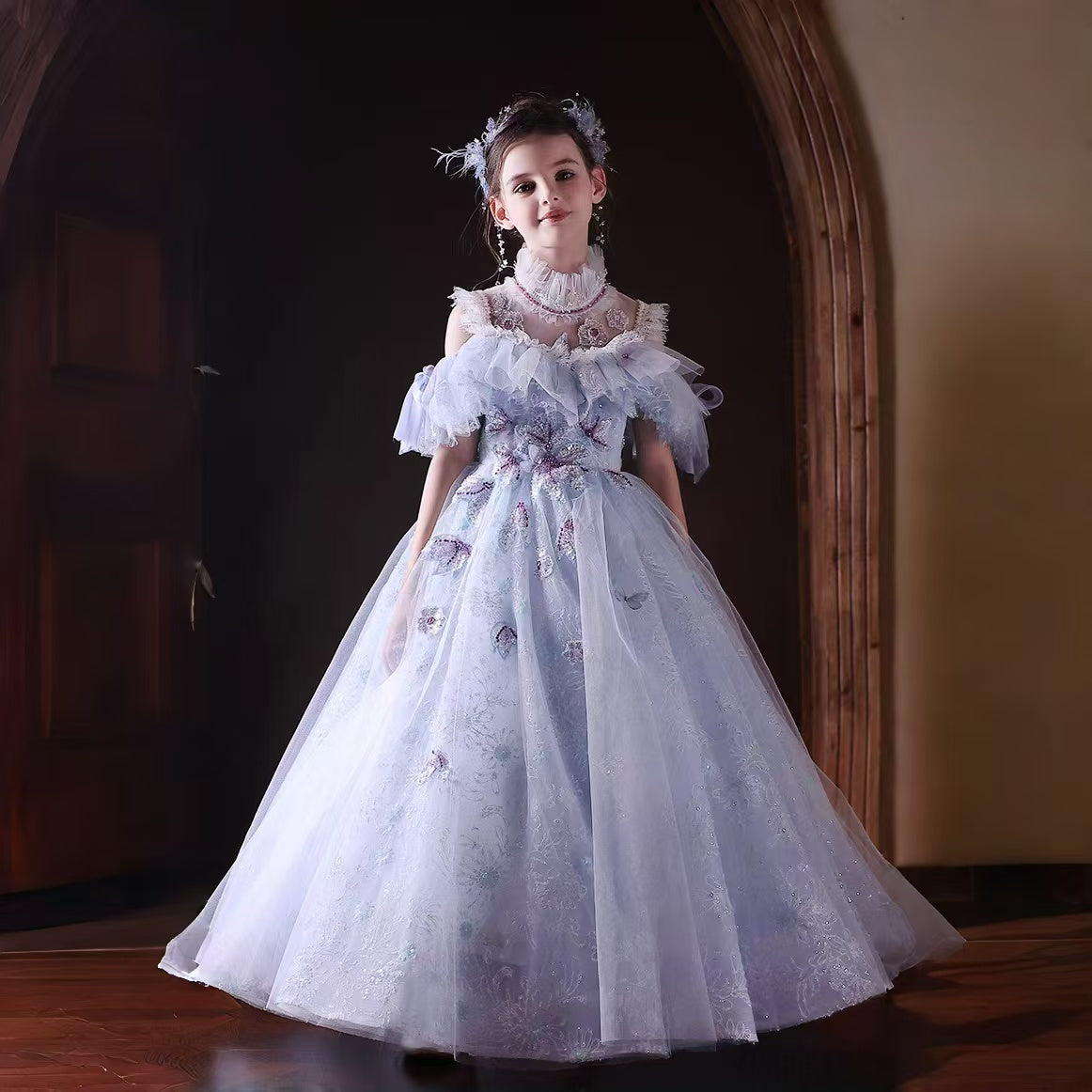 Luxury Blue Girl Dress Off Shoulder Gown for Princess Birthday Pageant J338