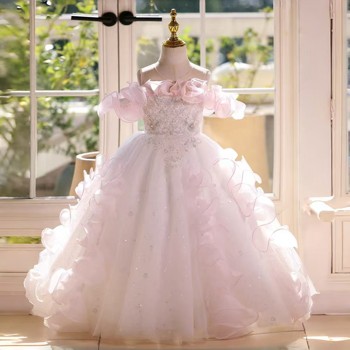 Pink Ruffled Flower Girl Dress Birthday Wedding Party Gown D181
