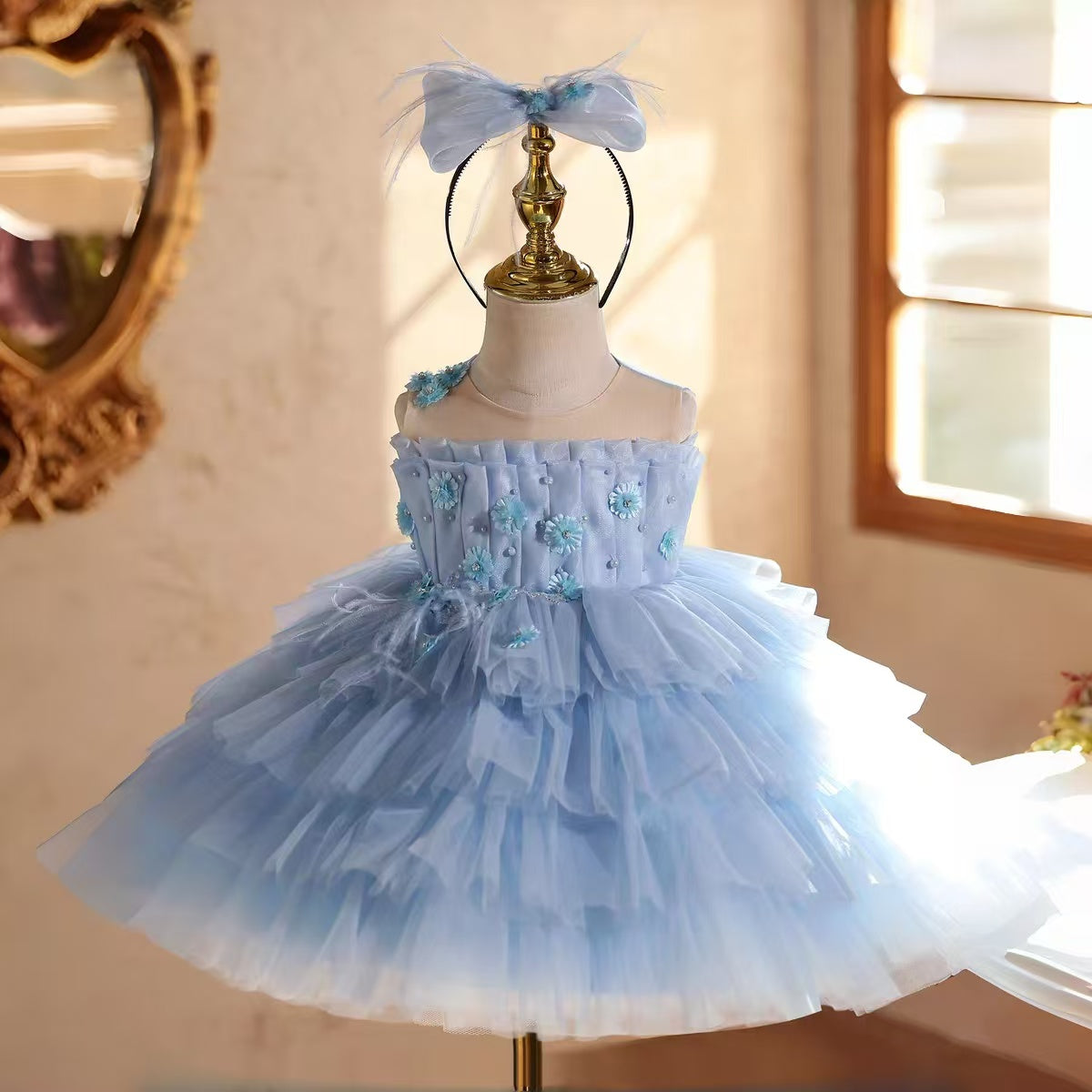 Elegant Blue Girl Dress 3D Flowers Princess Birthday Gown D222