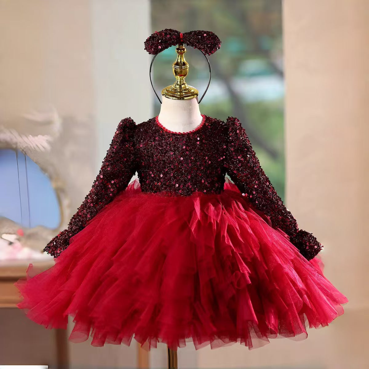 Christmas Girl Dress Long Sleeve Knee Length Princess Birthday Gown D204