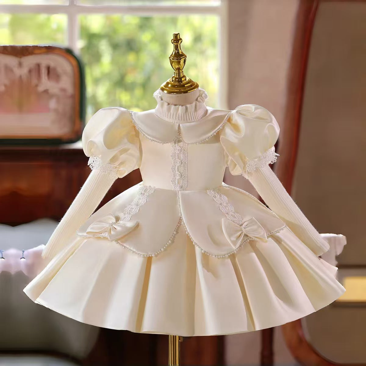 Ivory Girl Dress Knee Length Puffy Sleeve Princess Birthday Gown J406